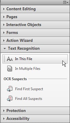 Tool panel at the right side of Acrobat. The Text Recognition tab is open. The first item under this panel, In This File, is highlighted