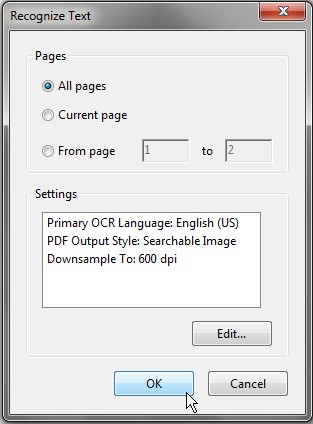 Recognize Text dialog box. The first item, All pages, is enabled. OK is highlighted at the bottom of the dialog box