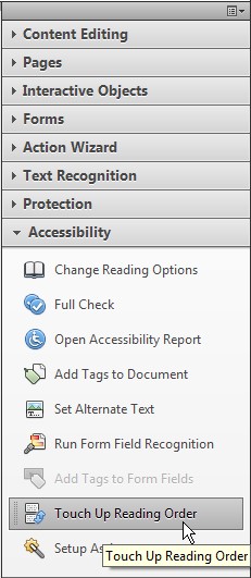 Acrobat tool panel with the Accessibility tab expanded. Touch Up Reading Order is highlighted at the bottom of the panel