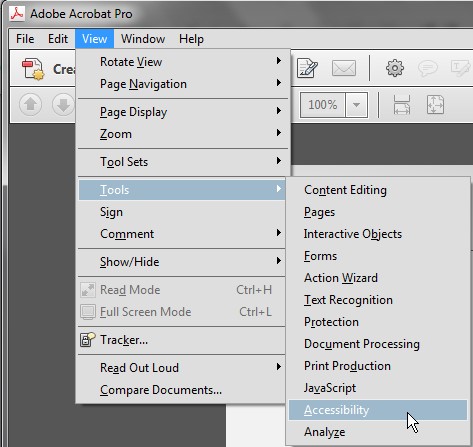 View drop-down menu. Tools is highlighted and expands into another menu. The Accessibility button is highlighted at the bottom of this menu