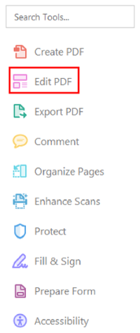 Adobe Acrobat Accessibility tools. Edit PDF option selected