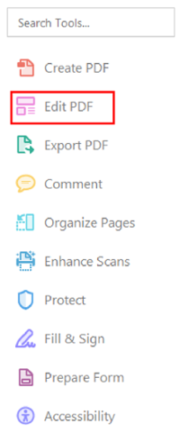 Adobe Acrobat Accessibility tools. edit PDF option selected