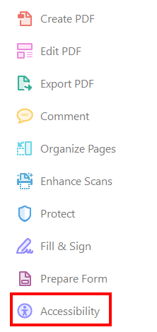 Adobe Acrobat Accessibility tools. Accessibility highlighted