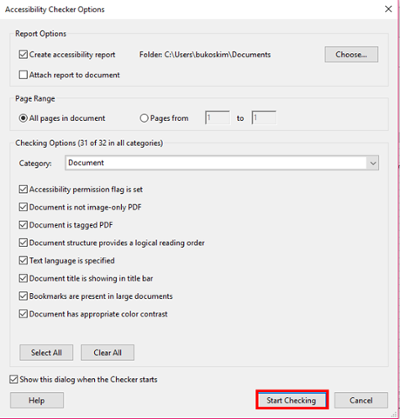 Accessibility Checker Options window. Start Checking button at bottom of window selected