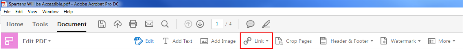 Top home toolbar under Document tab. Drop down menu from Link section/icon