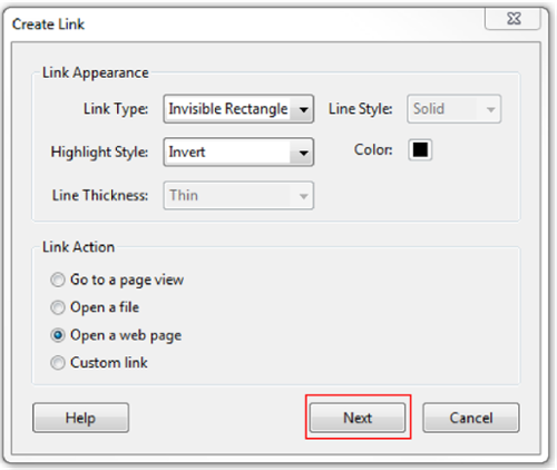 Create link window. Next button highlighted