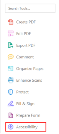 Adobe Acrobat edit. Accessibility option selected