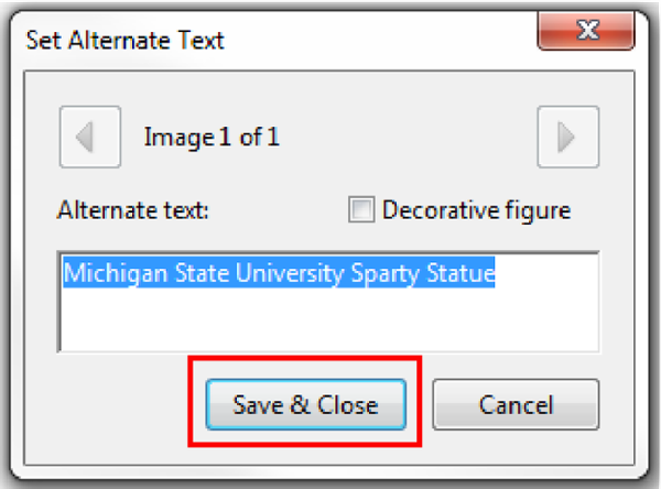 Set Alternate Text window. Save & Close selected