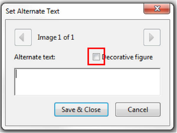 Set Alternate Text. Decorative figure check box highlighted