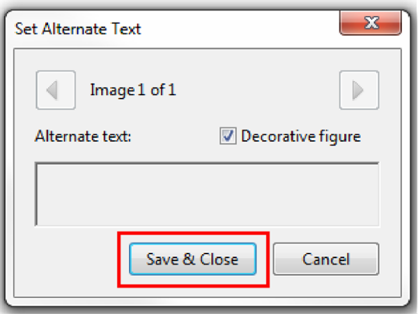 Set Alternate Text window. Save & Close selected