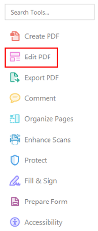 Adobe Acrobat Accessibility tools. Edit PDF option selected