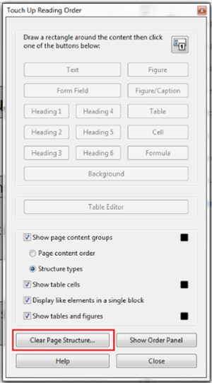 Touch up Reading Order window. Clear Page Structure button at the bottom of window selected