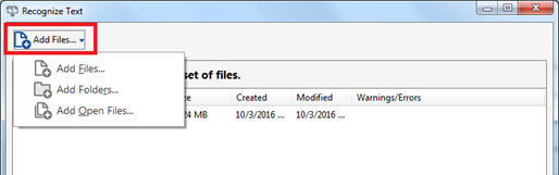 Recognize Text window. Add files drop down menu selected