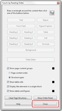 Close selected from Touch Up Reading Order