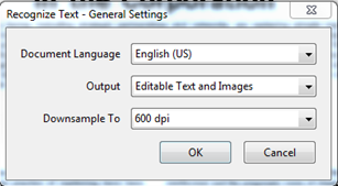 Recognize Text window. General settings. Drop down menu options displaying, doc language, Output, Downsample To