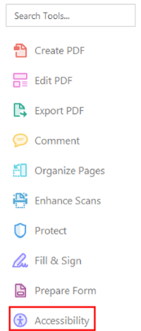 Adobe Acrobat Accessibility tools. Accessibility highlighted
