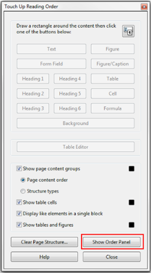 Touch Up Reading Order window. Show Order Panel button selected at bottom of window