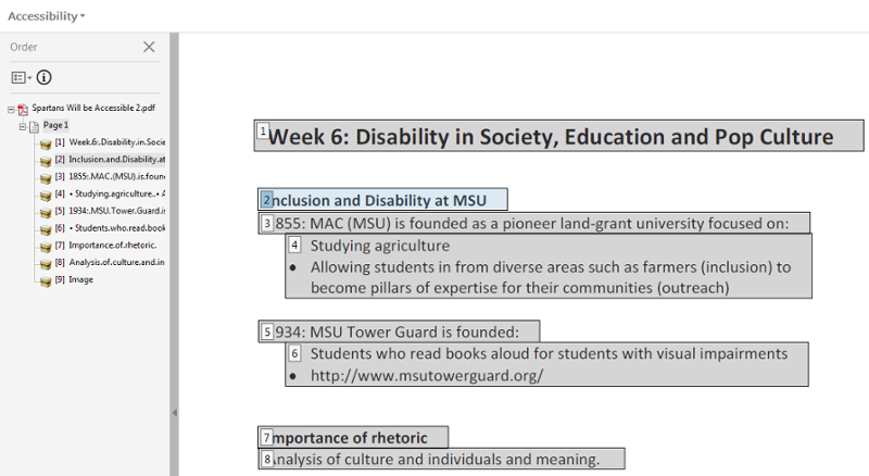 Highlighted reading order in PDF document