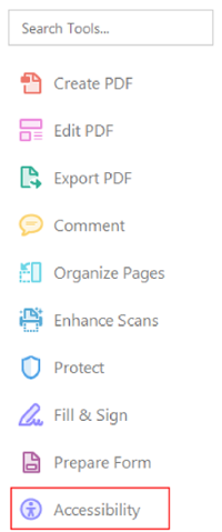 Adobe Acrobat Accessibility tools. Accessibility highlighted