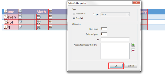 Table Cell Properties window. Ok selected to save changes