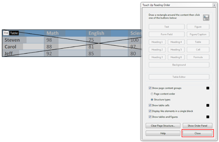 Touch Up Reading Order window. Close selected to save