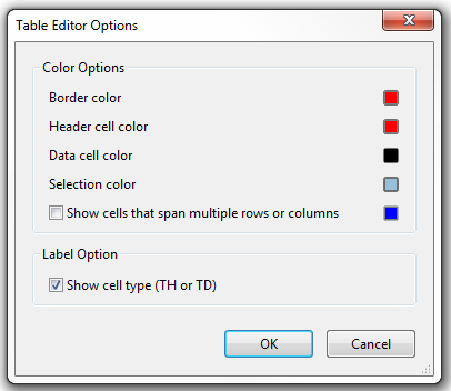 Table Editor Options window. Show cell type (TH or TD) option marked