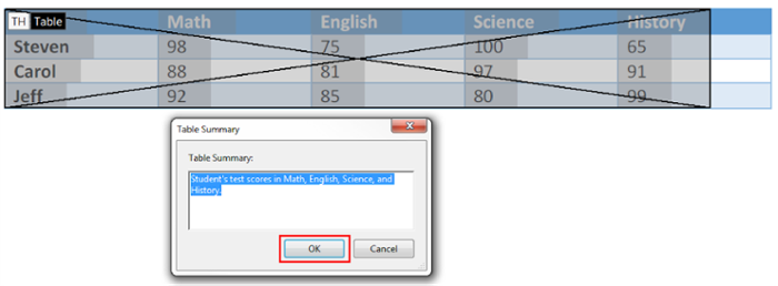 Table Summary window. Ok selected to save