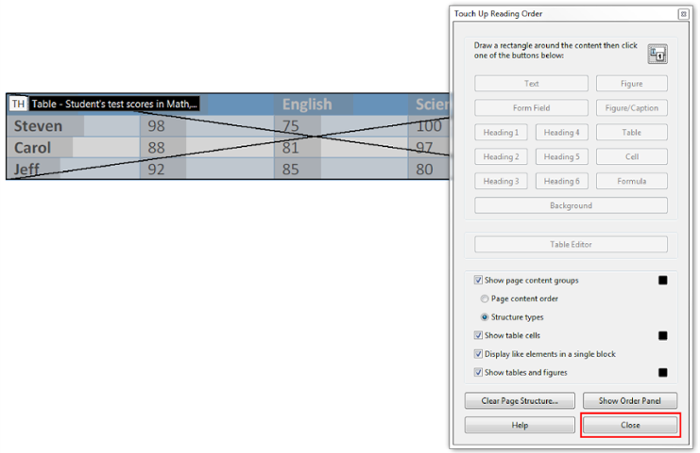 Touch Up Reading Order window. Close selected to save