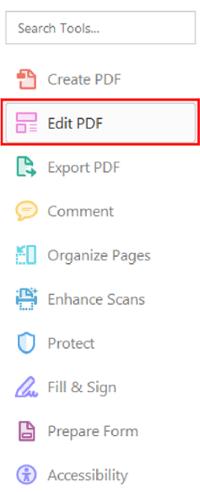Adobe Acrobat Accessibility tools. Edit PDF option selected