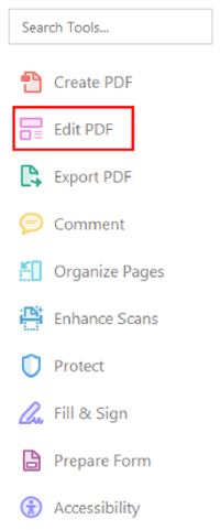 Adobe Acrobat Accessibility tools. Edit PDF option selected