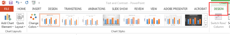 Top home ribbon in Microsoft power point. Design tab on right highlighted