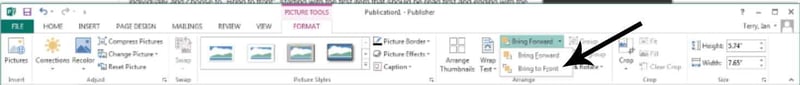 Microsoft toolbar format tab, bring to front option selected