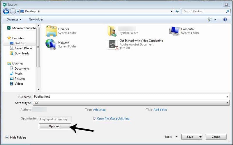 Options selected in the save menu