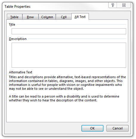 Table properties window. Ok selected to save.