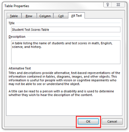 Table properties window. Ok highlighted to save.