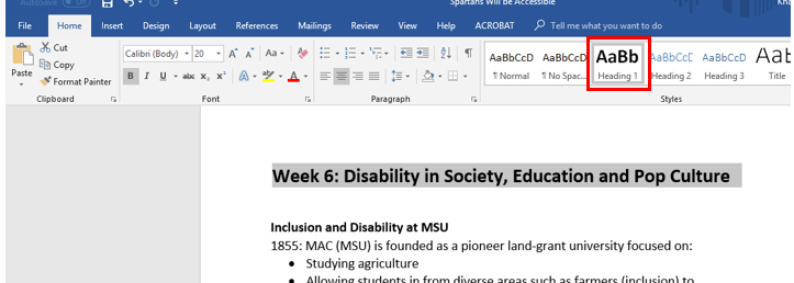 Top ribbon in Microsoft Word under home tab. Heading 1 highlighted from Styles section.