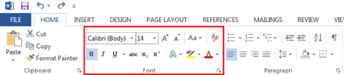 Top ribbon in Microsoft Word under home tab. Font section highlighted.