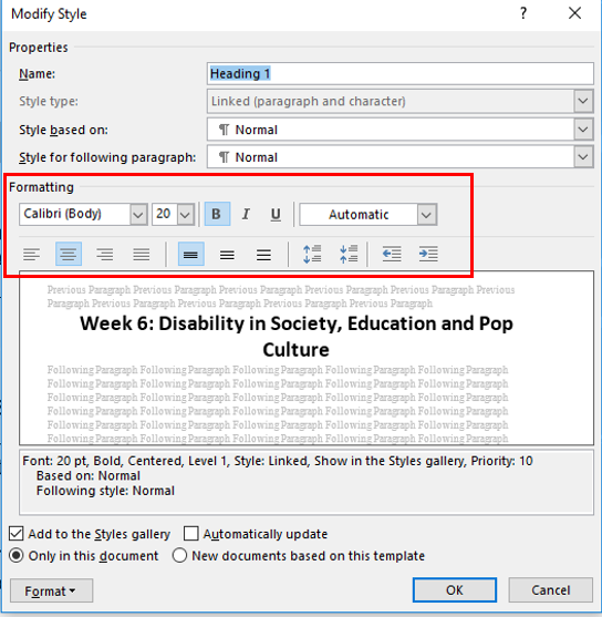 Modify style window. Highlighting formatting section.