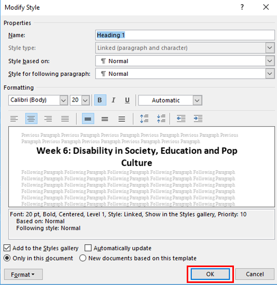 Modify style window. Ok selected to save.