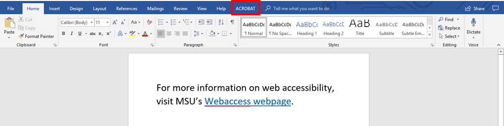 Top ribbon in Microsoft in Word. Acrobat highlighted.