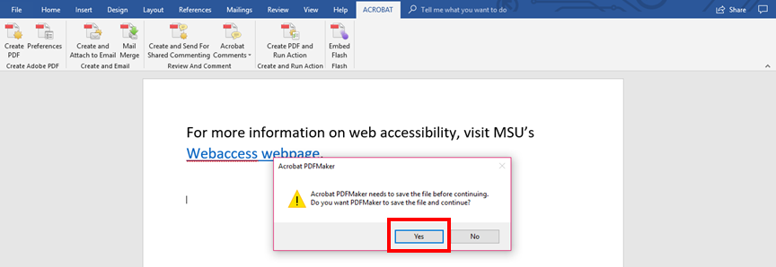 Acrobat PDF Maker window selecting yes.