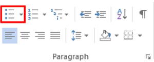 Top ribbon in Microsoft Word under home tab. List option highlighted from Paragraph section.