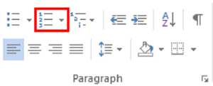 Top ribbon in Microsoft Word under home tab. Numbering option highlighted from Paragraph section.