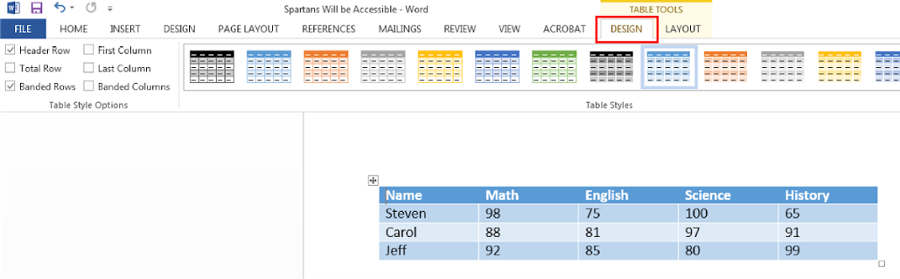 Top ribbon in Microsoft word with Design tab highlighted.