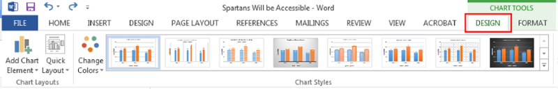 Top ribbon in Microsoft Word. Design tab highlighted under highlighted Chart tools.