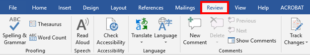 Top of ribbon Microsoft Word. Review tab highlighted selected.