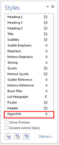 Styles drop down menu. Highlighting hyperlink option.