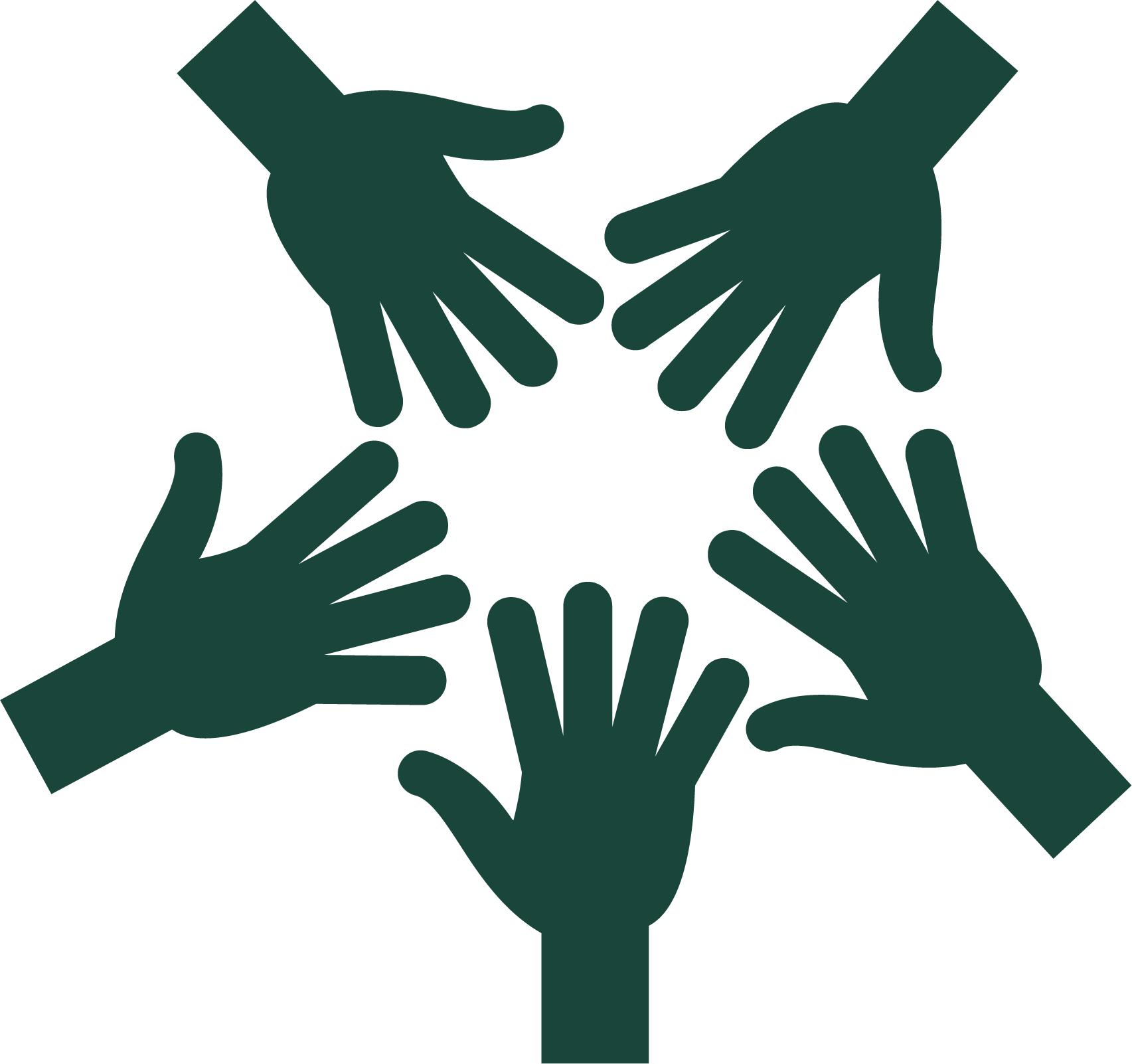 Dark green icon showing hands coming together to represent collaboration.