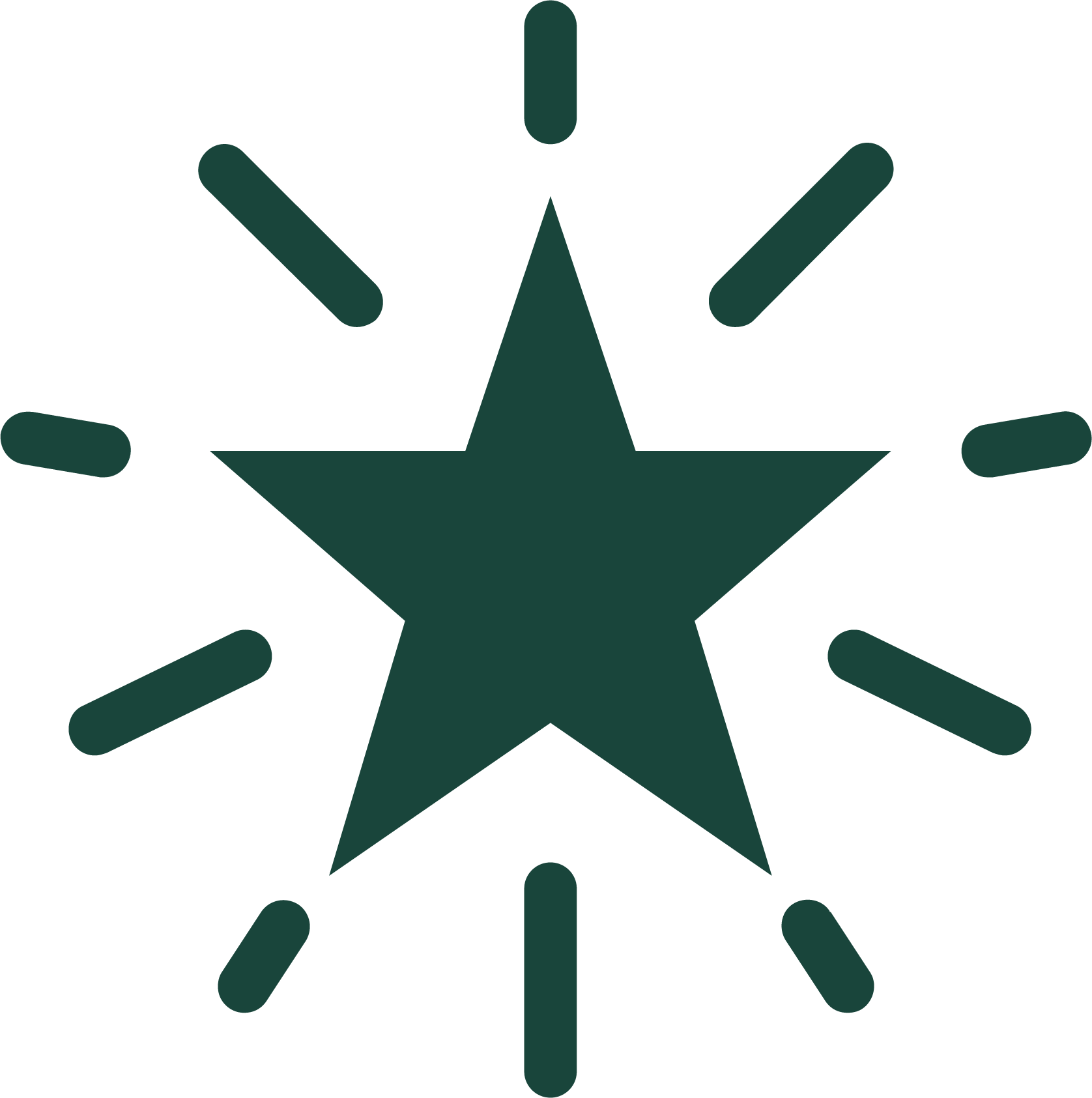 Dark green star icon surrounded by lines that represents excellence.