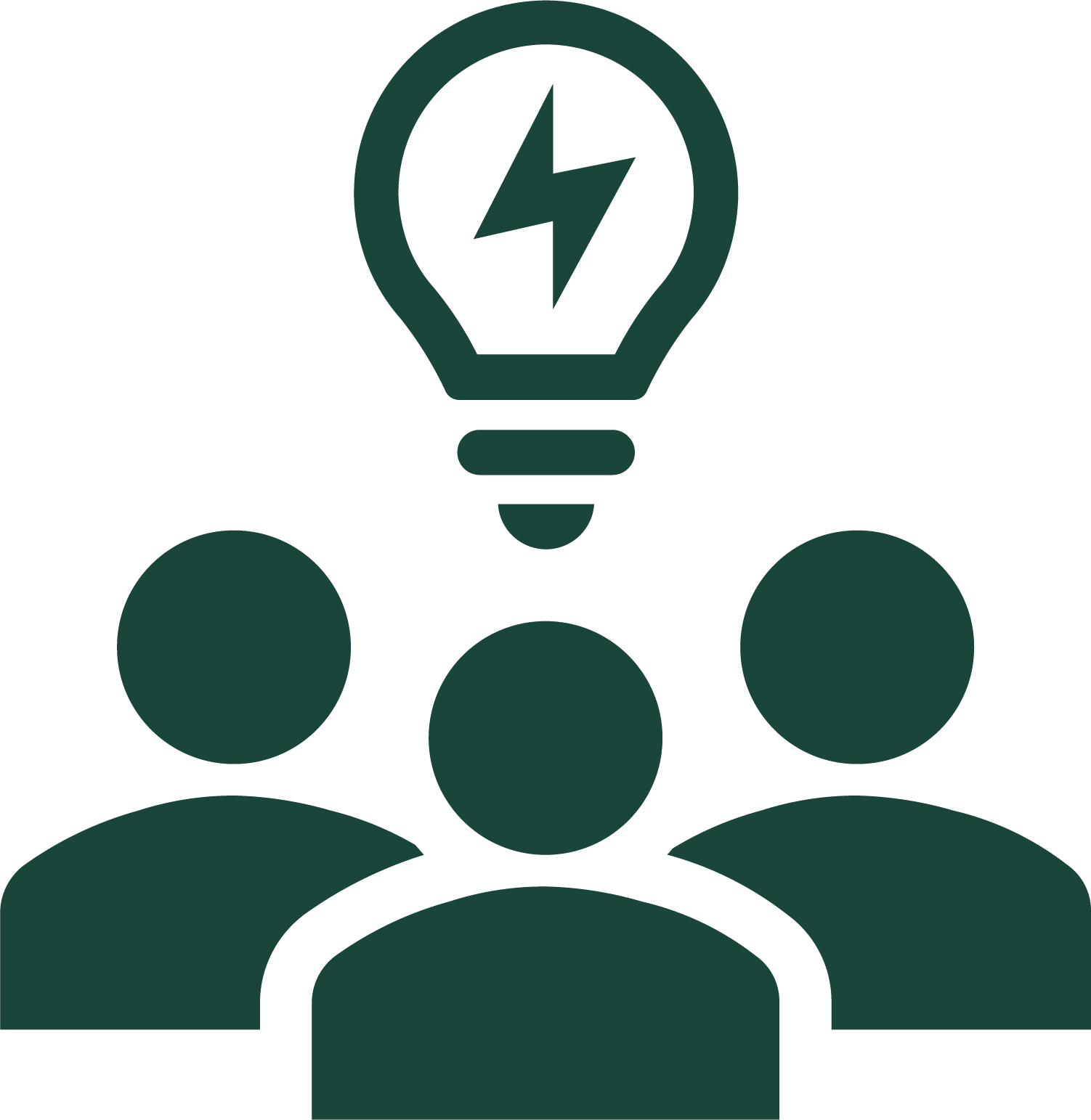 Dark green icon with three outlines of people and a lightbulb above their heads.